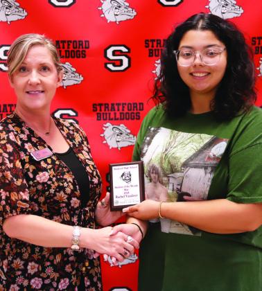 Stratford senior Rachel Vandiver receives the May student of the month award from Dina Henley of Oklahoma Heritage Bank. Courtesy photo