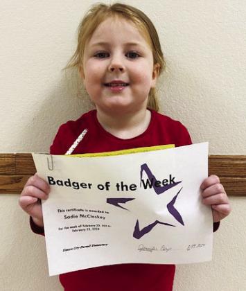 Elmore City-Pernell Elementary Badger of the Week for the week of February 19 is Sadie McCleskey. She is in Mrs. Watson's class. Photo courtesy of Jennifer Earp.