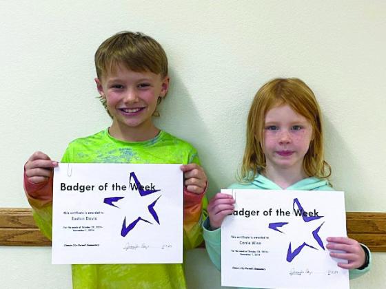 Elmore City-Pernell Elementary's Badgers of the Week for Nov. 4 are Easton Davis and Carrie Winn. Easton is in Mrs. Huebner's class, and Carrie is in Mrs. Faucett's class. The Badger of the Week program is sponsored by Danny and Nancy Dill. Courtesy photo