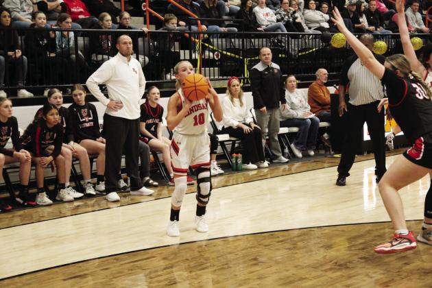 Lindsay’s Kamryn Bearden makes her three point shot count in last Friday’s game against Pauls Valley. The Leopardettes won a homecoming victory, defeating the Lady Panthers 39-22. Photo courtesy of Sheryl Kochert.