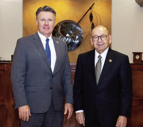 Chickasaw Nation Governor Bill Anoatubby, right, and Murray State College President Tim Faltyn recently signed documentation to acknowledge their respective institutions’ partnership in a USDA Climate-Smart grant.