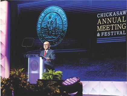 Chickasaw Nation Governor Bill Anoatubby delivers the 2022 State of the Nation address during last year’s Chickasaw Annual Meeting and Festival. Courtesy photo