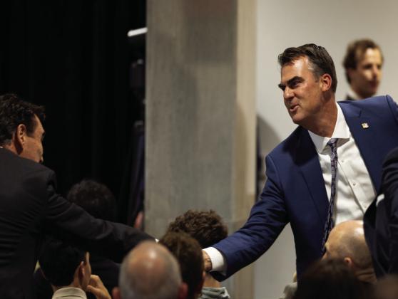 Gov. Kevin Stitt greets attendees of a Better Conversations Session on Aug. 14, 2024, at the Oklahoma National Memorial. Jake Ramsey/Oklahoma Watch