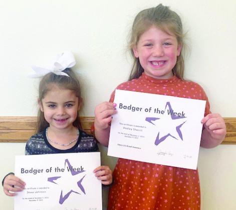 Elmore City-Pernell Elementary's Badgers of the Week for December 5 are Stassi Johnson and Hadley Sherrill. Stassi is in Mrs. Watson's class, and Hadley is in Mrs. Ferris' class. Photo courtesy of Jennifer Earp