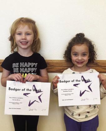 Elmore City-Pernell Elementary Badgers of the Week for the week of February 5 are Carrie Winn (left) and Brettlee Parker. Both girls are in Mrs. Watson's class. Photo courtesy of Jennifer Earp