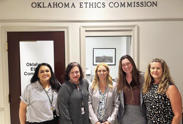 Oklahoma Ethics Commission staff pose for a photo at the Oklahoma State Capitol June 6. From left to right: Compliance Officer Diana Diaz, Compliance Officer Denise Klein, Executive Director Ashley Kemp, General Counsel Stephanie McCord and Senior Compliance Officer Darci McKee. Photo by Keaton Ross/Oklahoma Watch