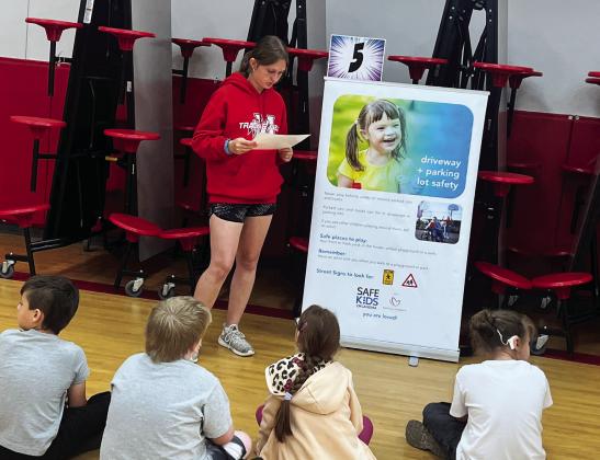 Safe Kids Oklahoma visited Maysville Elementary School Tuesday to teach students about pedestrian and bike safety. Maysville sixth grade students helped present the program to the first through fourth grade classes. Courtesy photo