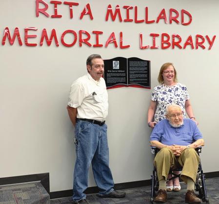 The Rita Millard Memorial Library at Pauls Valley Elementary School was formally dedicated in her honor last week. The library will allow Rita Millard's passion for encouraging young readers to continue to be realized for years to come. Pictured from left are her children, Duane Millard and Gayle Millard-Lord, and her husband, Harry Millard.