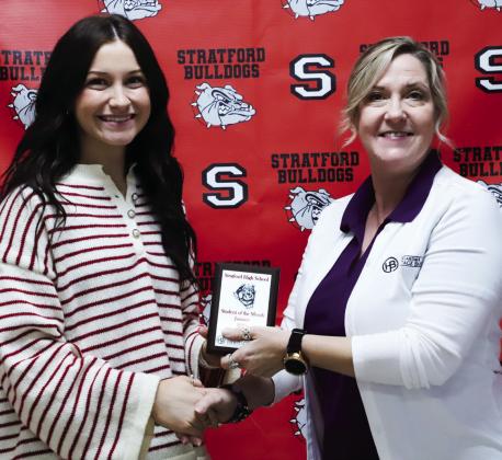 Trinity Bess was recently honored as one of four Stratford High School students of the month for December 2024. Bess is the daughter of TJ and Jade Gaines. Her award was presented by Dina Henley of Oklahoma Heritage Bank. Courtesy photo