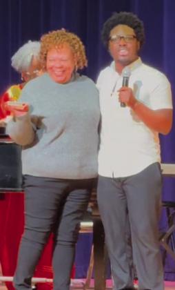 Pastor Jokori Taylor (right) presented Jocelyn Rushing (left) with the Hopewell Church Community Award for outstanding community service during the Garvin County 12th annual Dr. Martin Luther King Jr. Holiday Celebration Jan. 18 in Wynnewood.