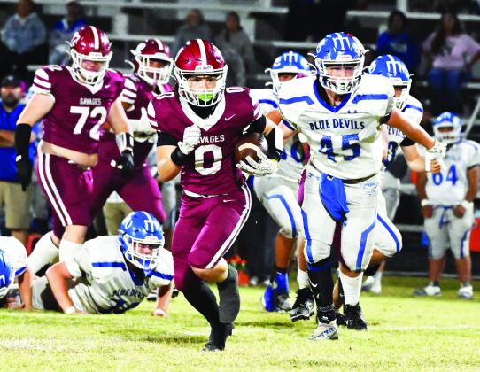 Wynnewood’s #72 Tucker Hill and #62 Adrian Hernandez opens a hole in the Blue Devil defensive line so #0 Aydrian Knighten can run thru for a touchdown. Wynnewood shut out the Walters Blue Devils 52-0. Wynnewood will host Sayer tonight (Nov 14). Kickoff is scheduled for 7 p.m. News Star photo by Don Coffey