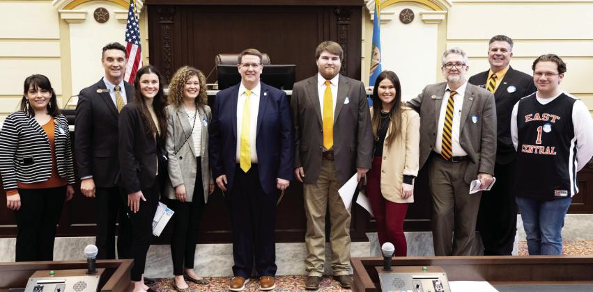 A group from East Central University visited with Ada Senator Greg McCortney this past Tuesday. The delegation was among hundreds of visitors from colleges and universities throughout Oklahoma who attended Higher Education Day at the state Capitol. Courtesy photo.