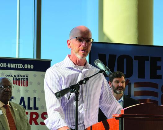 Anthony Stobbe, an independent voter from Edmond and one of three proponents for putting an open primaries question before Oklahoma voters, speaks at a Yes on 835 press conference Tuesday. Keaton Ross/Oklahoma Watch