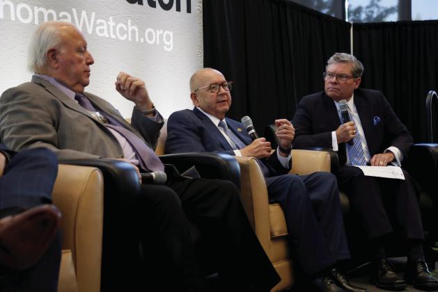Chickasaw Gov. Bill Anoatubby, center, speaks at an Oklahoma Watch event on Oct. 31, 2024. (Rip Stell/Oklahoma Watch)