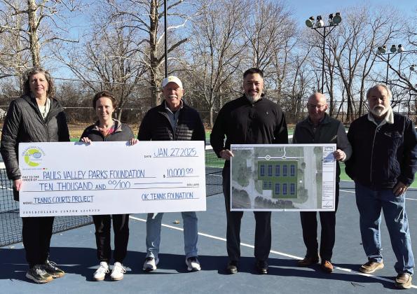 The Pauls Valley Parks Foundation received a $10,000 grant from the Oklahoma Tennis Foundation this week for continuing renovations to the tennis courts in Wacker Park. Pictured left to right are Jennifer Samford, Kristy Elkins, OKTF Grant Chair James McCullough, Kahn Nirschl, Jasen Agee and Bill Delaplain. News Star photo by Suzanne Mackey