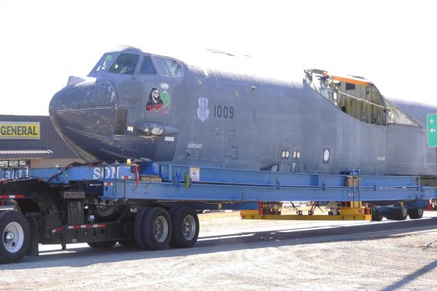 The fuselage of a B-52H bomber passed through Garvin County Friday morning on its way to a Boeing facility in Oklahoma City. Photo by Chris Mackey.