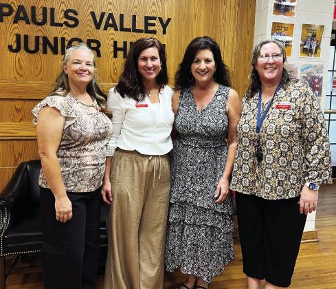 Rep. Tammy Townley was at Pauls Valley Junior High Tuesday to help show appreciation for faculty and staff as a new school year gets underway. Pictured from left are PVJH English teachers Shawna McLellan and Courtney Green, Townley, and PVJH support staff April Brown. News Star photo by Suzanne Mackey 