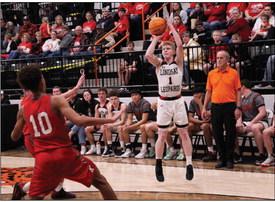 Lindsay’s Mitchell Henson drains a three point shot in the Leopards win against Kingston 49-42. The Leopards are the Class 3A District 6 Champs and move on to Regionals to play Valliant Thursday evening. News Star photo by Sheryl Kochert