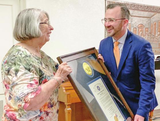 Billie Hays, of Pauls Valley, was honored with a citation of appreciation from the Oklahoma Legislature earlier this month for her years of work with Pauls Valley's Angel Tree program and other community projects. The citation was presented by Joshua Kraft on behalf of Sen. Greg McCortney and Rep. Cindy Roe.