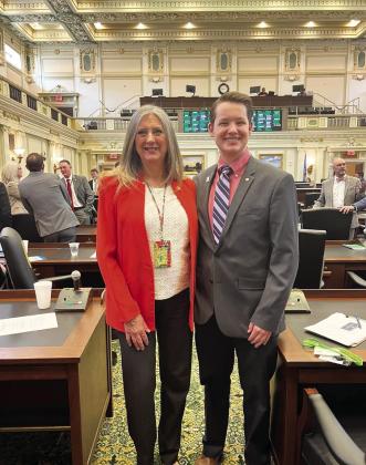 Eli Conner (right), a senior homeschool student from Lindsay, had the opportunity to serve as a page for Rep. Cindy Roe (left) at the State Capitol this week.