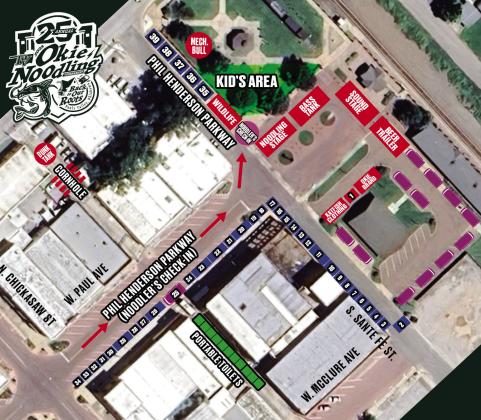 A map of downtown Pauls Valley showing how Saturday’s Okie Noodling Tournament will be setup. This year’s event will be held in the Santa Fe Depot area of downtown instead of Wacker Park due to storm damage and wet conditions in the park.