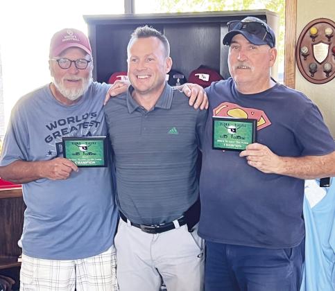 The Pauls Valley Municipal Golf Course hosted its annual Men's Senior Club Championship Oct. 20-21. PVMGC Club Pro and Superintendent Dean Browning (center) congratulates Ron Battenfield (left) for winning first place in the Handicap Scoring Division and Kerry Lynn (right) for winning Senior Club Champion. Photo courtesy of Shelly Woodall