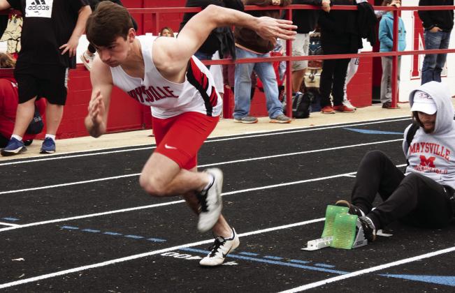 Maysville Warrior Bryce Shannon jumps out of the starting blocks earlier this year at the season opening track meet in Maysville. News Star photo by Chris Mackey