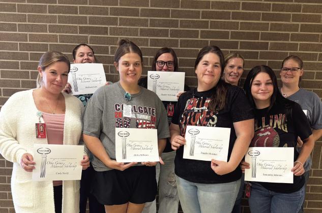 Students who recently received the Fall 2024 Otha Grimes Memorial Scholarship are (back row, l-r) Madison Lacy, Heather McGough, Skyla Delahoussaye, and Shaylah Nirk, (front row, l-r) Carly Neely, Alisha Williams, Danelle Moistner, and Samantha Johnson.