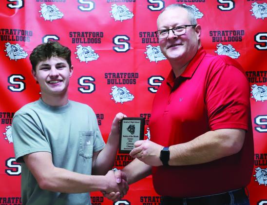 Carson Owens was recently honored as one of four Stratford High School students of the month for January. Owens is the son of Carl Owens and Meresa Clark. His award was presented by Josh Suther of BancFirst. Courtesy photo