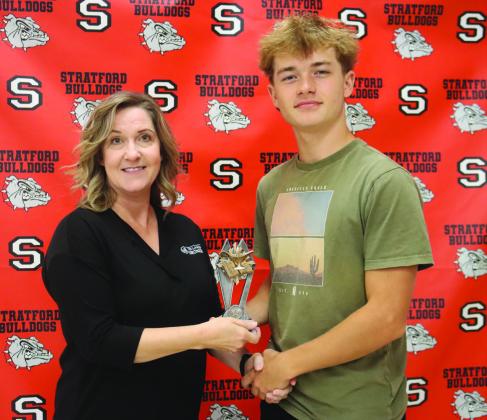 Camon McNew was recently named August Student of the Month at Stratford High School. McNew is the son of Jonathon and Crystal Stanfield. His award was presented by Dina Henley of Oklahoma Heritage Bank, a sponsor of the Student of the Month program. Courtesy photo