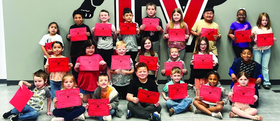 Pauls Valley Little Panthers for the month of March are (back row, l-r) Manuel Ocampo, Noah Jones, Easton Green, Keven Madrid Perez, Kellan Choate, Zailey Sandy, Kosal Tep, Tytiana Jordan and Brixtyn Jolley. Middle row, l-r: Giovanna Salazar, Amelia Martinez, Keith Poage, Braylee Weilenman, Chaston Eckert, Jayleigh Baker and Landon Deshazer. Front row. l-r: Colden Hutchings, Tinzlee Claunch, Russel Bowen, Jensen Kraft, Kason Ward, D'Asia Jarrett and Avery Humphries. Courtesy photo