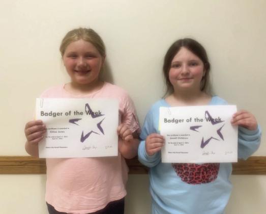 Elmore City-Pernell Elementary Badgers of the Week for April 17 are Chloe Jones (left) and Jewell Childress (right). Chloe is in Mrs. Castner's class, and Jewell is in Mrs. McConnell's class. Photo courtesy of Jennifer Earp.