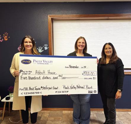 Pauls Valley National Bank presented a $500 grant to the Abbott House Child Advocacy Center’s Garvin County office this week. Pictured (left to right ) are Abbott House Child Advocacy Center Executive Director Andree Harper, Program Director Christi Cornett, and Becky Ledbetter with Pauls Valley National Bank. News Star photo by Suzanne Mackey