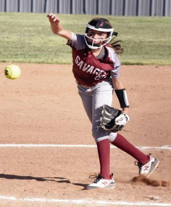 Wynnewood Jr. High’s Paxton Mooney throws three and two-thirds innings, striking out one and batting, she hits a single and scores on a fly ball from Kenley Hubbard. News Star photo by Don Coffey