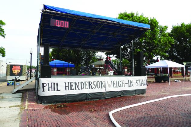 The weigh-in stage at the 2025 Okie Noodling Tournament sits empty, waiting for the day’s activities to get underway. News Star photo by Chris Mackey