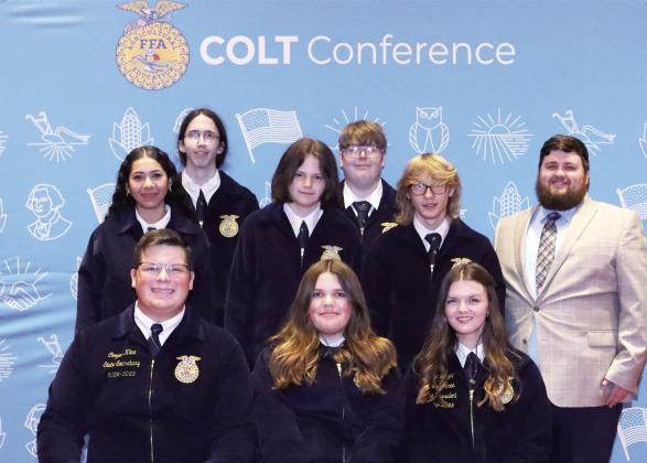 Paoli FFA officers attending the COLT Conference Sept. 3 included (back row, l-r) Ervin Speerbrecher, parliamentarian; Tristan Blankenship, treasurer; (middle row) Isabel Sanchez, secretary; James Speerbrecher, sentinel; William Reeder, reporter; Adviser Johnathan Summers; (front row) Cooper Kline, North Rock Creek, state secretary; Addison Finley, Paoli vice president; and Grace Wright, Stratford, central area vice-president. Courtesy photo