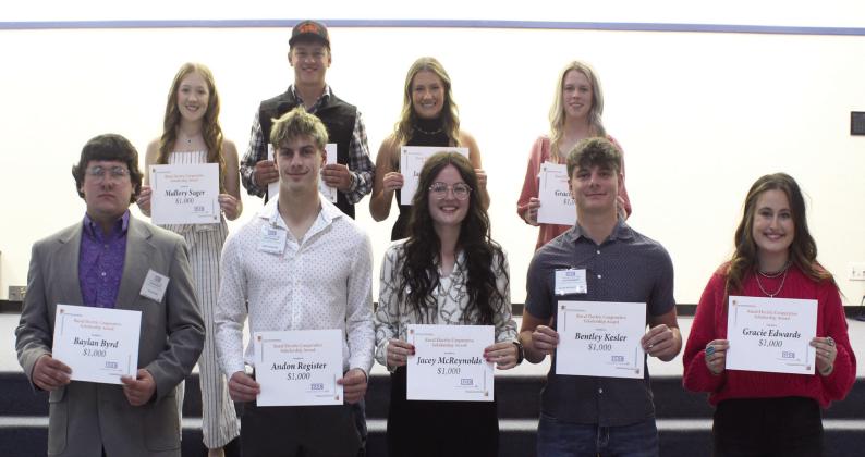 REC’s Scholarship winners. Front row (left to right): Baylan Byrd of Alex, Andon Register, Jacey McReynolds and Bentley Kesler of Lindsay and Gracie Edwards of Maysville. Back row (left to right): Mallory Sager of Pauls Valley, Austin Hines of Lindsay, Jacey Bordwine of Dibble and Gracie Selzer of Alex. Not pictured, Konner Shebester of Alex. Courtesy photo.