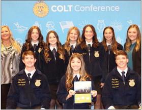 Maysville High School FFA Officers attending the COLT conference were Vice President Jaci McGowen, Secretary Avery Riley, Treasurer Allision Sanders, Reporter Raegan Howard, Sentinel Claire Mann, and Adviser Brittany Morphew. Front row, from left: Caleb Horne, Morrison, State FFA President; Maysville FFA President, Addison Allen; and Trey Myers, Perkins-Tryon, Central Area Vice-President. Courtesy photo.