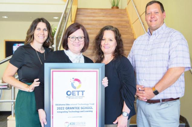 Stratford Elementary School recently received a grant from the Oklahoma Education Technology Trust that will help purchase iPads for the district's lower elementary grades. Pictured left to right are Stratford Tech Team member Misty Raymo, Principal Angela Martin, Tech Team member DeAnna Brown and IT Director Aaron Terry. Elmore City-Pernell High School also received an OETT grant, which will be used to launch a new esports program in the fall.