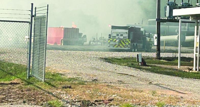 Emergency crews from multiple agencies responded to a vapor cloud explosion at an Enerfin Resources substation on State Highway 19 west of Maysville Wednesday morning. Three Enerfin employees sustained burn injuries in the explosion and were transported by medical helicopter to Oklahoma City hospitals. Photo courtesy of Garvin County Sheriff’s Office