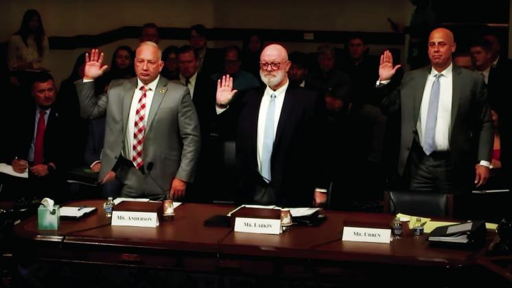 Donnie Anderson, director of the Oklahoma Bureau of Narcotics; Paul J. Larkin of the Heritage Foundation; and former DEA official Christopher Urben are sworn in before testifying at a Sept. 18 hearing. Courtesy Photo