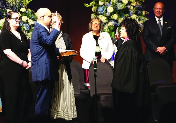 Chickasaw Nation Governor Chris Anoatubby takes his oath of office, administered by Chickasaw Nation Supreme Court Chief Justice Cheri Bellefeuille-Gordon, June 26, 2026. Photo courtesy of Chickasaw Nation