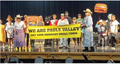 Area residents gathered on the PVHS stage to participate in a pantomime performance paying tribute to iconic Pauls Valley items Sept. 16 during the Garvin County Choral Society and Sinfonietta’s production of Marriage of Figaro - On the Ranch. Photo courtesy of Steve Freeman