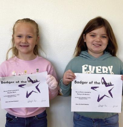 Elmore City-Pernell Elementary Badgers of the Week for the week of Nov. 27 are Bayler Blair (left) and Paisyn Anderson. Bayler is in Mrs. McCleskey's class, and Paisyn is in Mrs. Castner's class. Photo courtesy of Jennifer Earp.