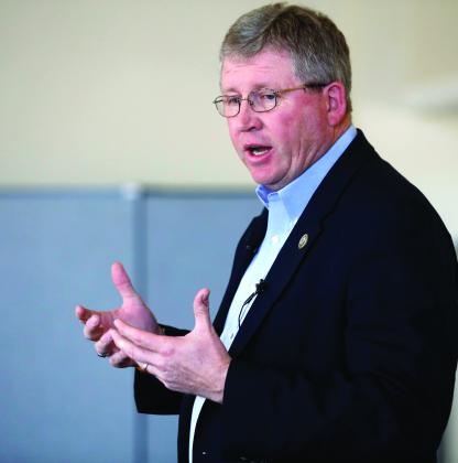 Congressman Frank Lucas speaks to visitors during a town hall meeting in Sapulpa, Okla., on February 22,2017. (Tulsa World Archive)