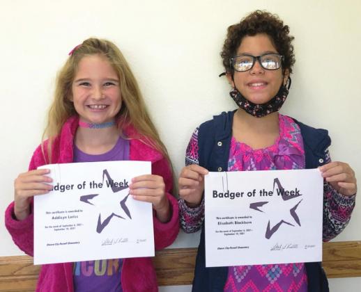 Badgers of the Week for September 6 - 10: (left) Addisyn Loriss from Mrs. Maegan McConnell’s third grade classroom and Elisabeth Blackburn from Mrs. Teri Huebner’s fourth grade classroom. Photo courtesy of Sheila Riddle