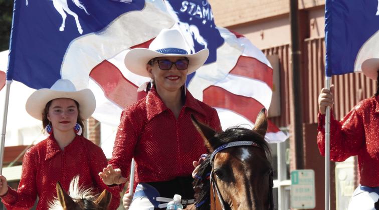 Members of the Star-Spangled Drill Team, pictured here riding in Saturday’s Heritage Days Rodeo Parade, performed during last week’s Heritage Days Rodeo in Pauls Valley. Garvin County rodeo action will continue next week as the Wynnewood Round-Up Club hosts the 65th Annual Wynnewood Rodeo July 7-8 at 8 p.m. nightly. News Star photo by Chris Mackey