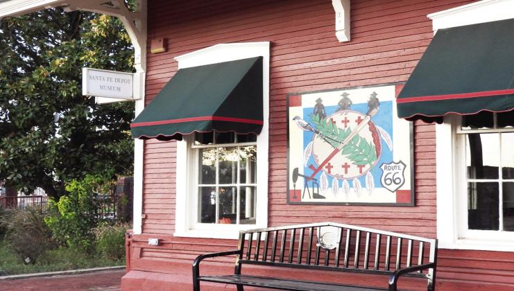 'Oklahoma Heritage,' one of the barn quilt squares on the Pauls Valley Barn Quilt Trail, can be seen mounted on the outside of Pauls Valley's Santa Fe Depot Museum, 204 S. Santa Fe St.