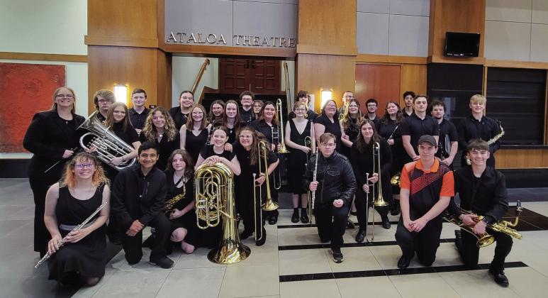 The Pride of Lindsay Band poses for a photograph before its performance at the Oklahoma Secondary School Activities Association (OSSAA) State Concert Contest April 1, 2025, at East Central University’s Hallie Brown Ford Fine Arts Center in Ada. Photo by Brandy McDonnell