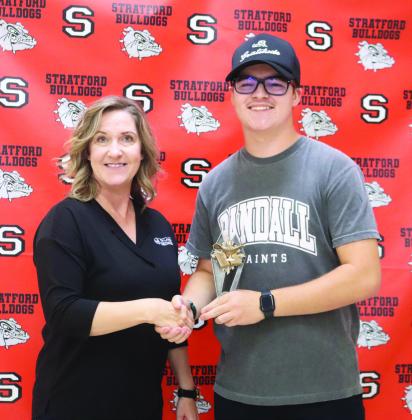 Bradley Abney was recently named September Student of the Month at Stratford High School. Abney is the son of Lindsey Abney. His award was presented by Dina Henley of Oklahoma Heritage Bank, a sponsor of the Student of the Month program. Courtesy photo